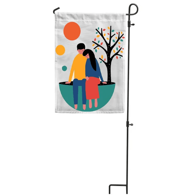 Sublimation garden flag displayed on outdoor garden stand