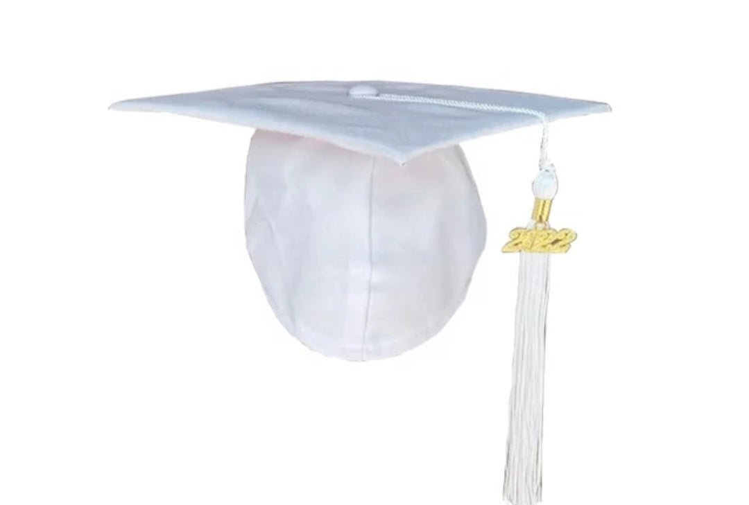 White sublimation graduation cap with white tassel and gold 2022 charm