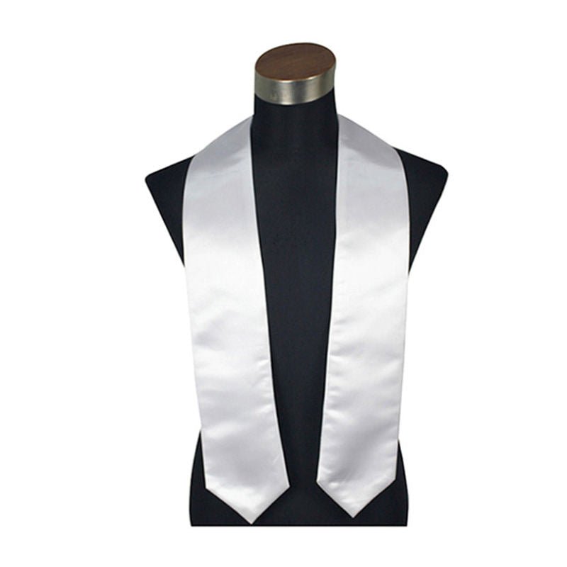 White satin sublimation graduation stole displayed on a mannequin