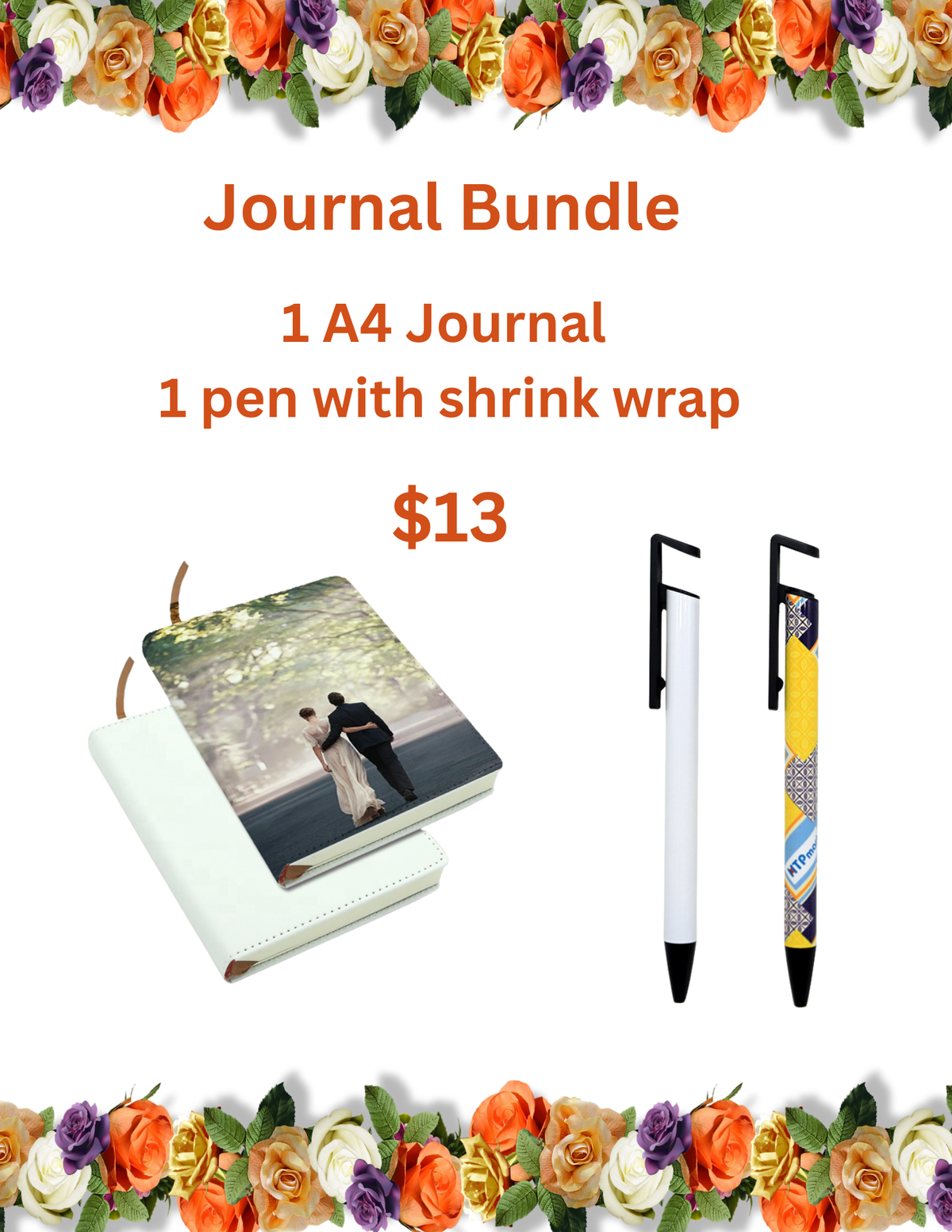 Sublimation journal bundle with an A4 journal and a pen with shrink wrap, framed by flowers