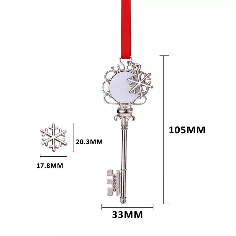 Silver sublimation key Christmas ornament with snowflake charm and red ribbon
