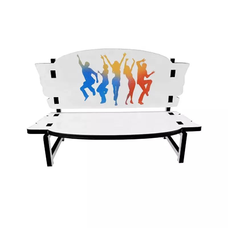White MDF memorial bench sublimation blank with colorful dancing silhouettes printed on the backrest
