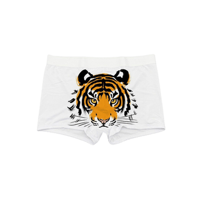 White sublimation men's boxer briefs printed with a tiger face