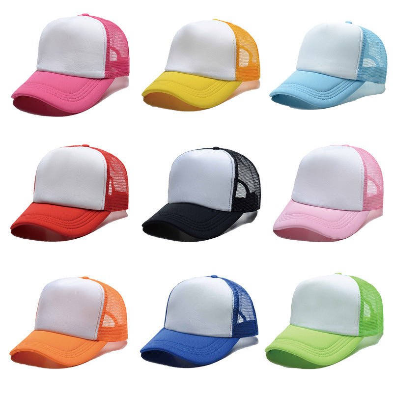 Nine sublimation trucker hats with white front panels and colored mesh backs in pink, yellow, blue, red, black, orange, and green