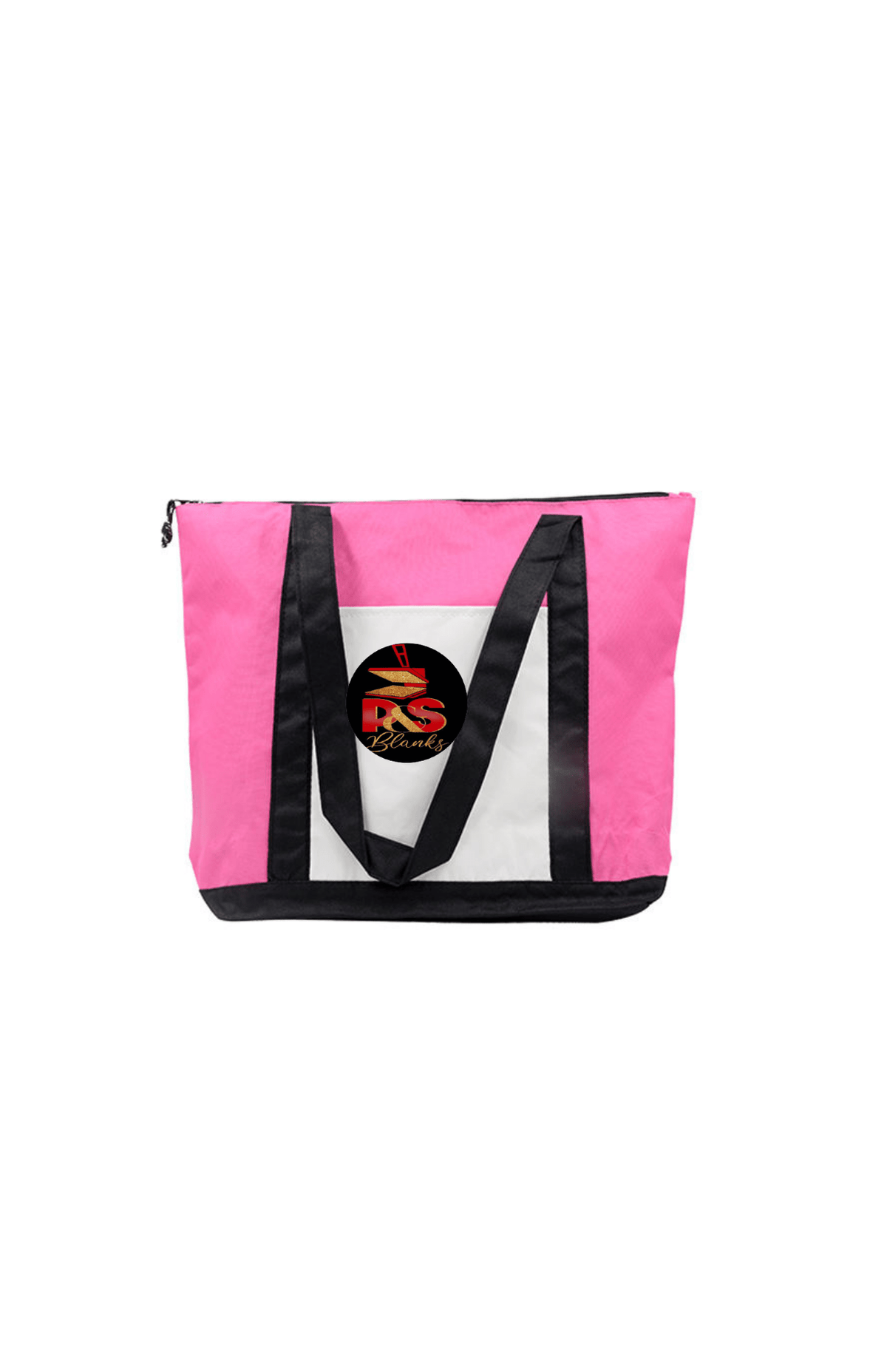 Pink and white sublimation mommy bag with black straps and P&S Blanks logo