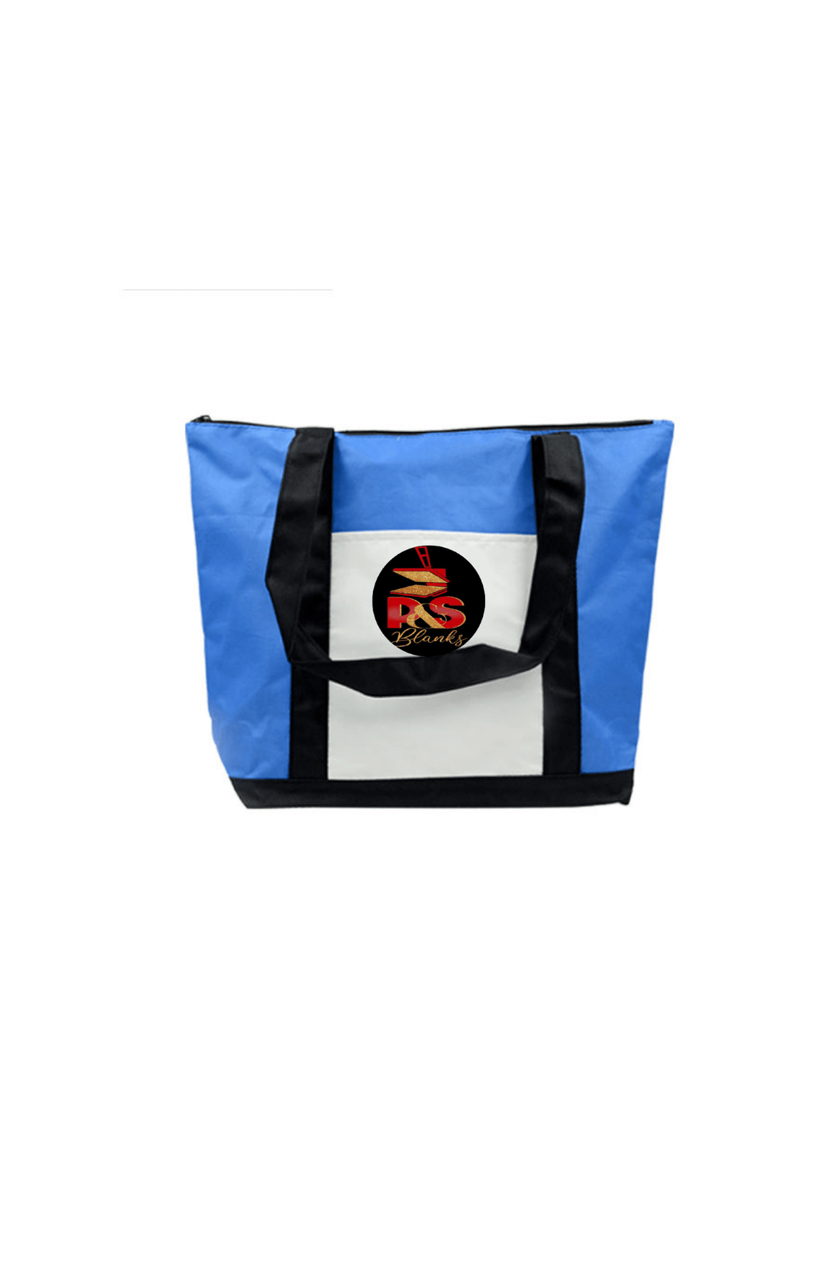 Blue and white sublimation mommy bag with black straps and P&S Blanks logo