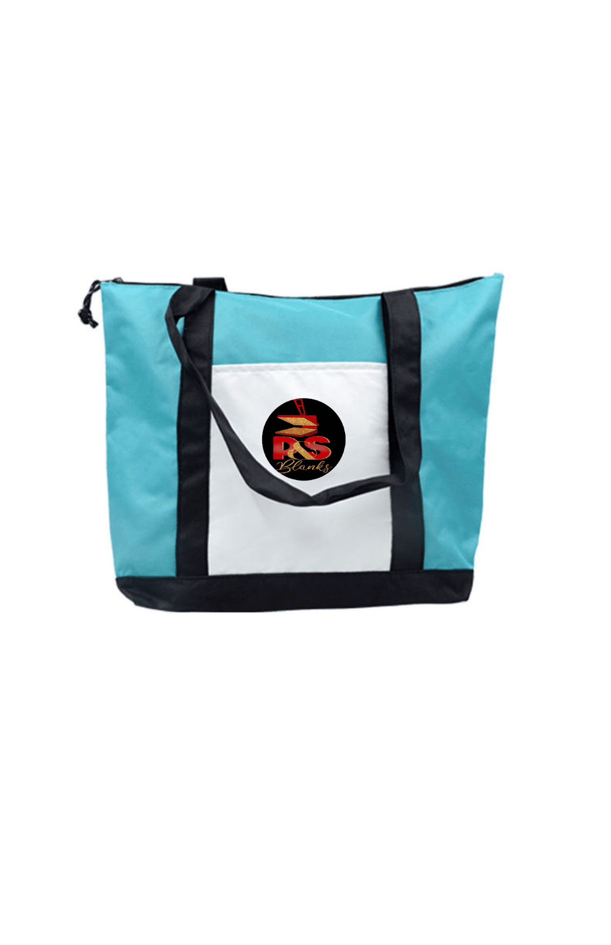 Teal and white sublimation mommy bag with black straps and P&S Blanks logo