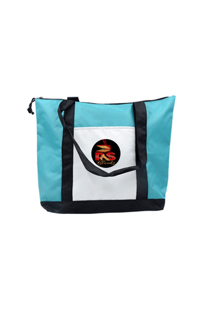 Teal and white sublimation mommy bag with black straps and P&S Blanks logo