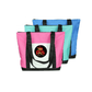 Three sublimation mommy tote bags in pink, teal, and blue with black handles and white front panels
