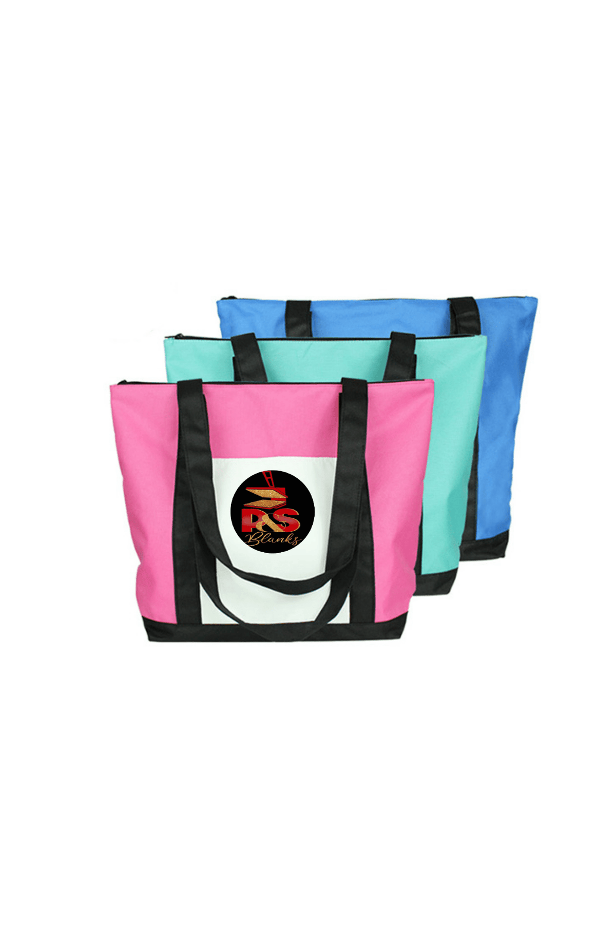 Three sublimation mommy tote bags in pink, teal, and blue with black handles and white front panels