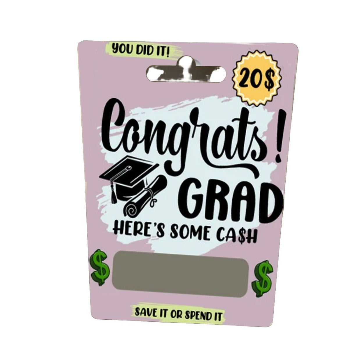 Pink sublimation gift card holder printed with a Congrats Grad design, cash slot, and 20 dollar badge