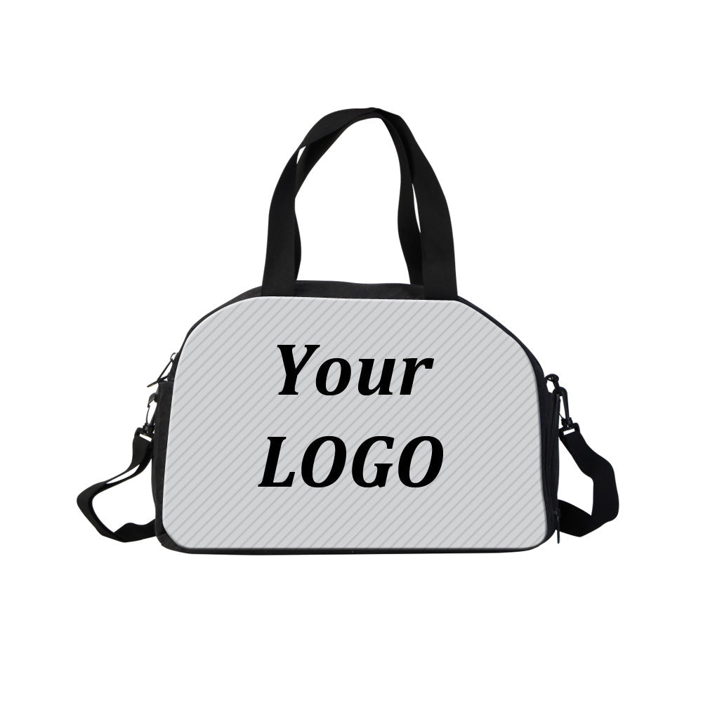 Black and white sublimation overnight duffle bag with Your LOGO placeholder on the white front panel