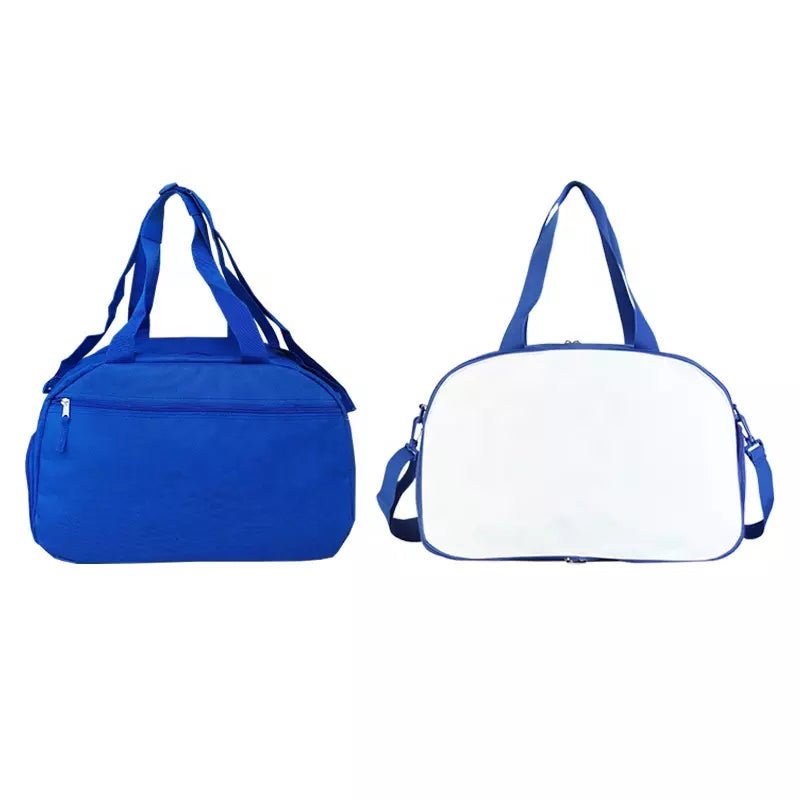 Blue and white sublimation overnight tote bags shown from front and back