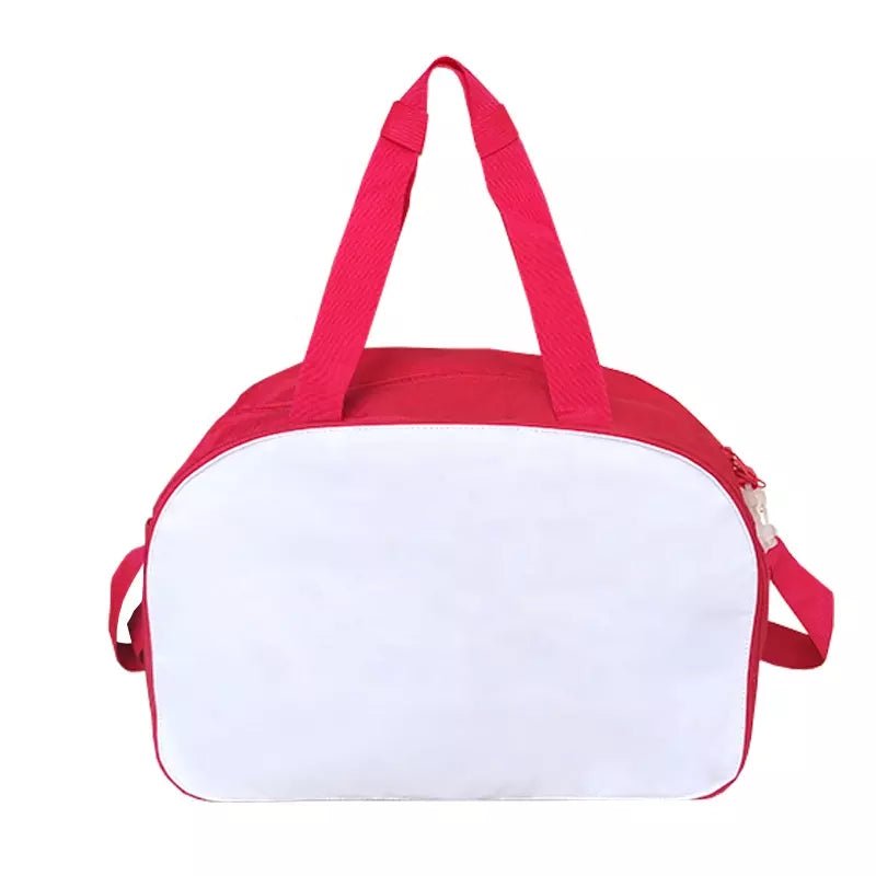 Red and white sublimation overnight tote bag with shoulder straps