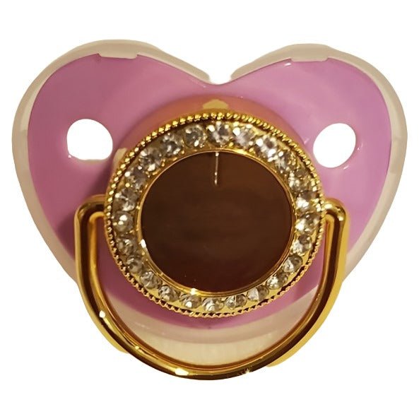 Sublimation pacifiers with pink shield and gold decorative center
