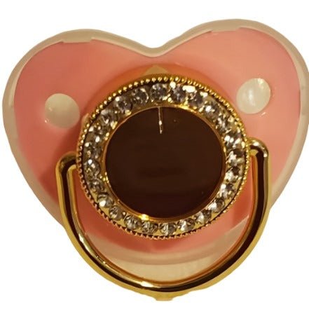 Sublimation pacifiers with peach shield and gold decorative center