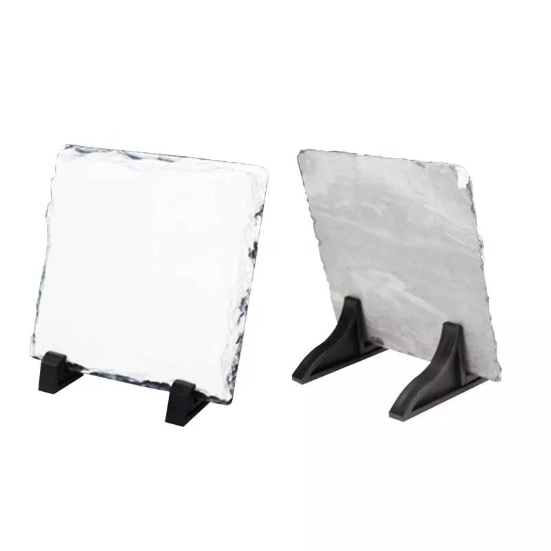 Square sublimation photo rock slates on stands, front and back views