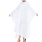 White sublimation salon hair stylist cape with black neckline, worn by a model