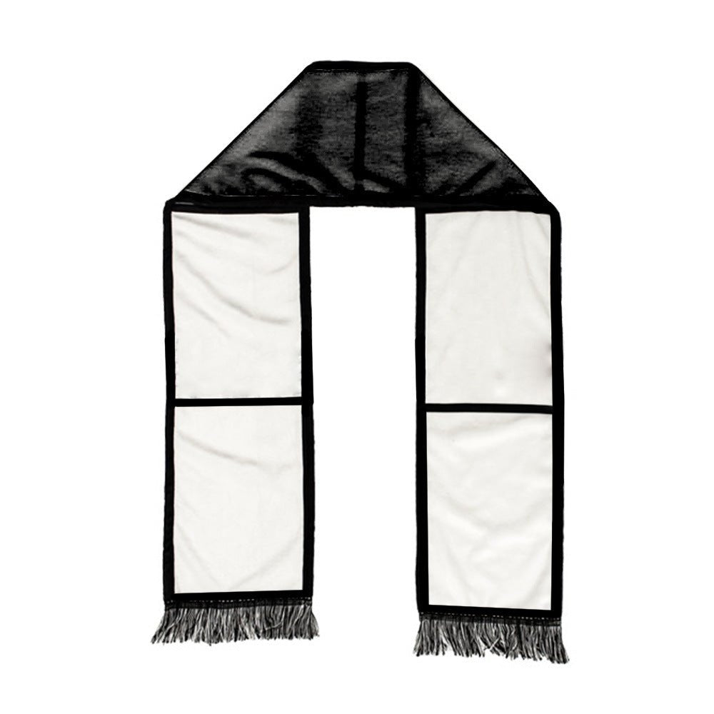 White 6-panel sublimation scarf with black borders and fringe ends