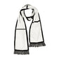 White sublimation scarf with black grid print panels and fringe
