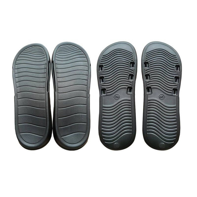 Black sublimation slide slippers, top and bottom views