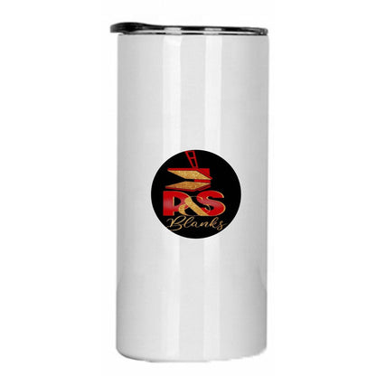 White 15 oz straight skinny sublimation tumbler with black lid, printed with the P&S Blanks logo