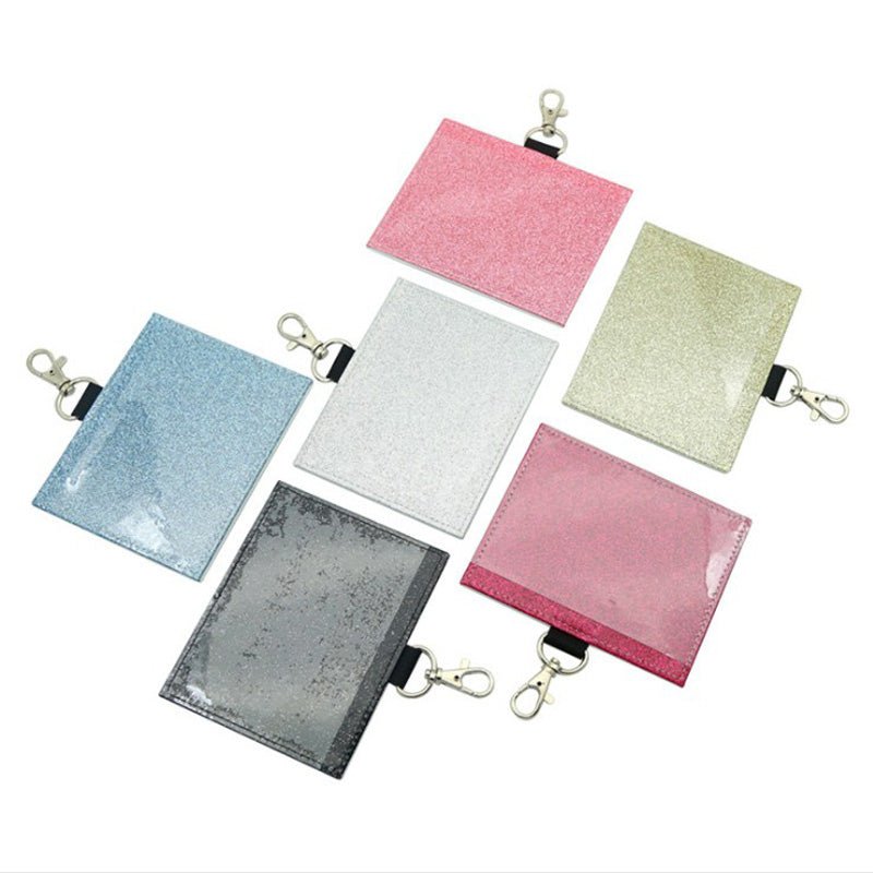 Glitter sublimation vaccination card holders with keychain clips in pink, blue, white, gold, gray, and magenta