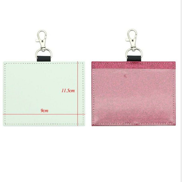 Two sublimation card holders with keychain clips in white and pink glitter, 9 by 11.5 centimeters