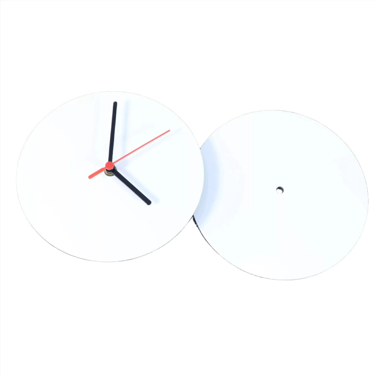 White round sublimation wall clock faces, one assembled with hands and one blank