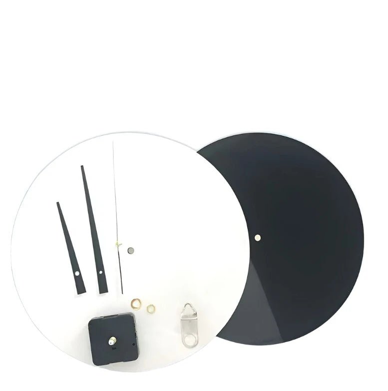 White round sublimation wall clock with hands, movement mechanism, and hanging hook