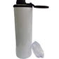 White sublimation water bottle with black sport cap and handle, plus a spare clear lid