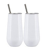 Two white 6 oz sublimation wine tumblers with metal straws