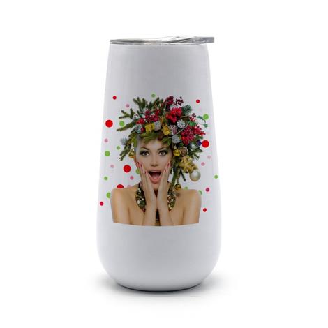 White 6 oz sublimation wine tumbler with clear lid, printed with a woman wearing a Christmas floral headdress