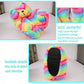 Rainbow striped plush teddy bear slippers with thick black non-slip soles, shown from multiple angles
