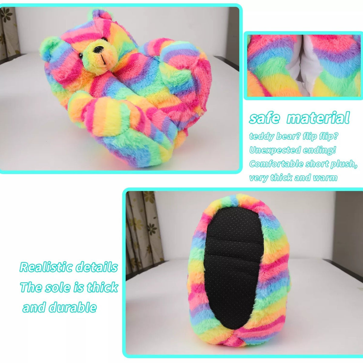 Rainbow striped plush teddy bear slippers with thick black non-slip soles, shown from multiple angles
