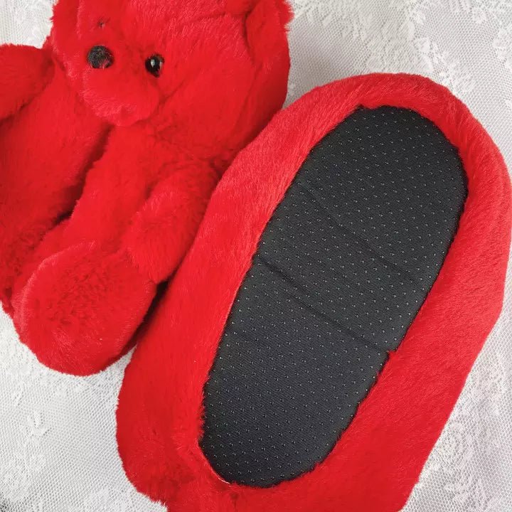 Red teddy bear slipper shown with the sole