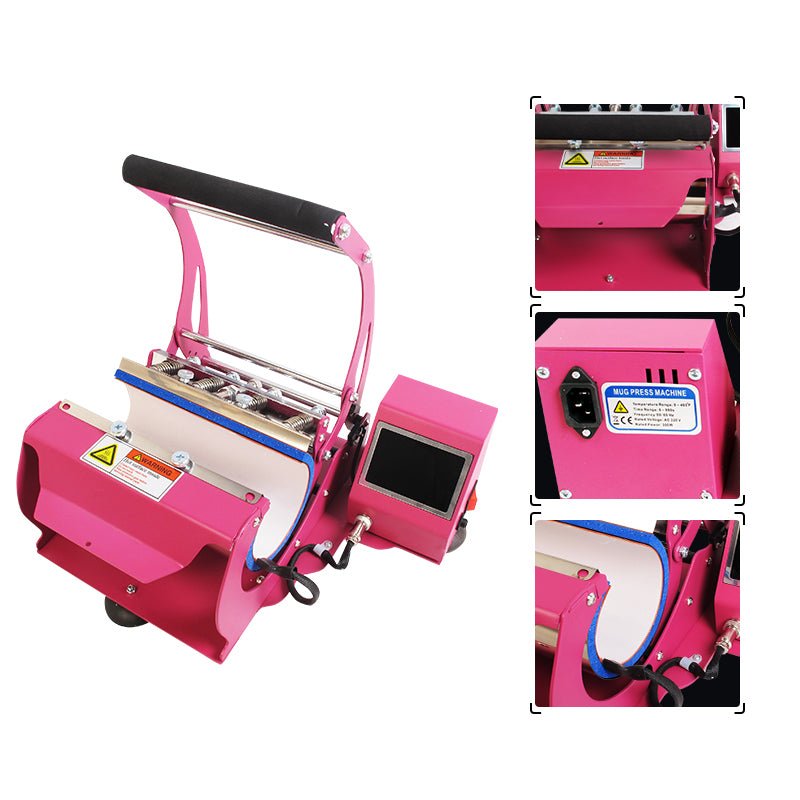 Pink 20 oz tumbler heat press machine with digital display, shown with close-up detail views