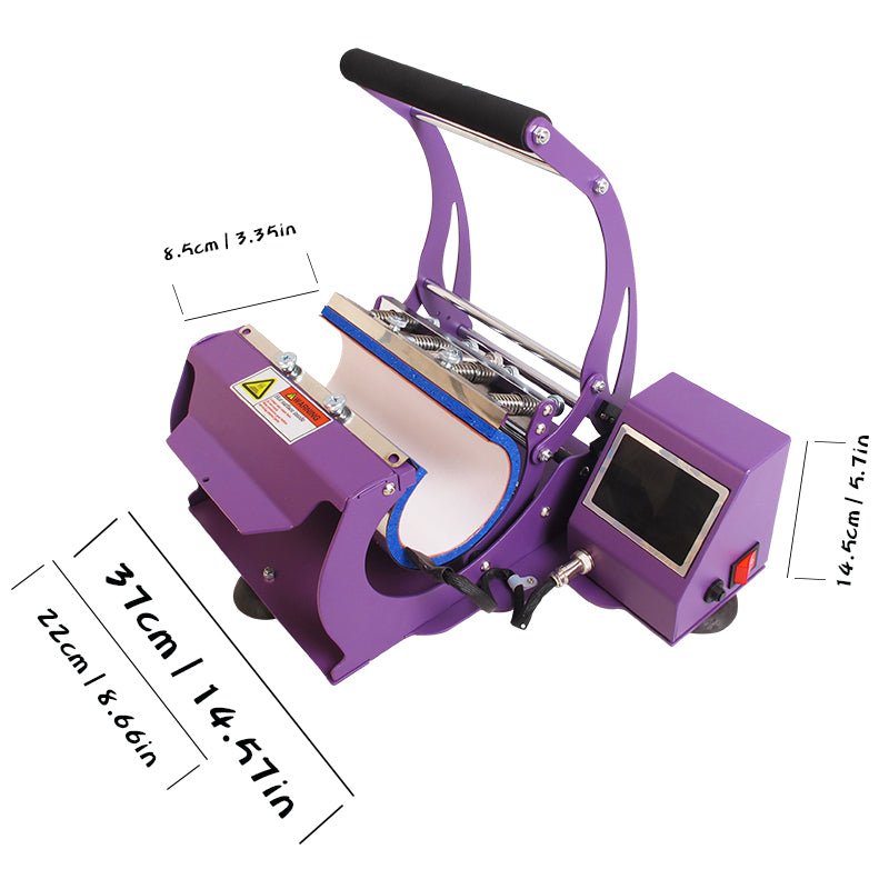 Purple 20 oz tumbler heat press machine with dimension labels