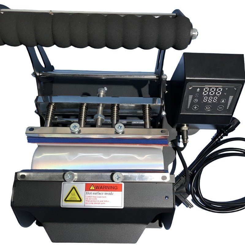 Black 30 oz tumbler heat press machine with digital display and hot surface warning label
