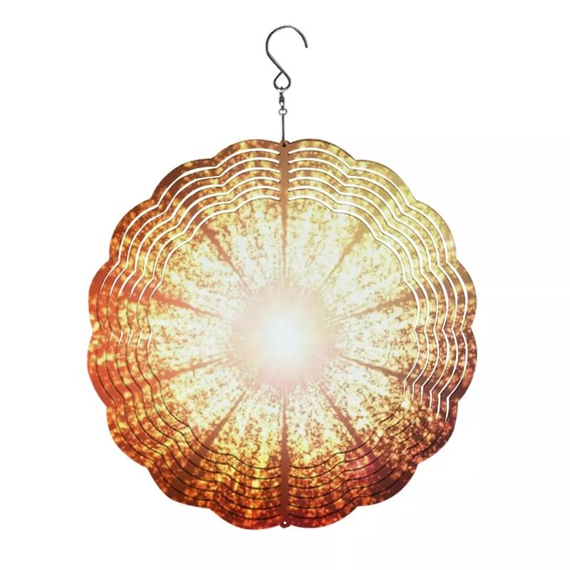 Round metal sublimation wind spinner with scalloped edges printed with a gold and copper sunburst design